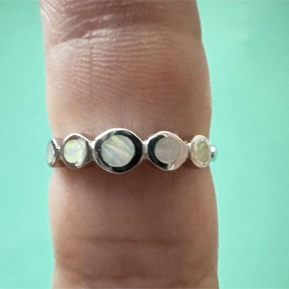 Five Stone Bezel Set Lab Created White Opal Stackable Ring 925 Sterling Silver - Picture 6 of 7
